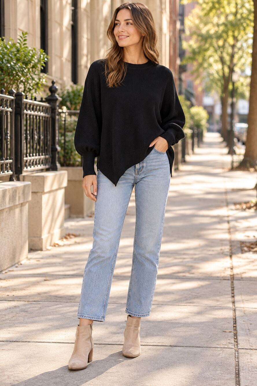 Black Ribbed Sweater XL Balloon Sleeves Oversized EUC
